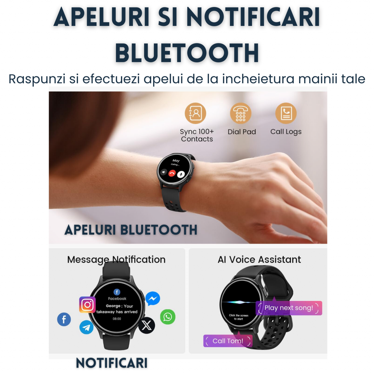 Ceas smartwatch dama Evolve-x® EvoWatch3, Apeluri si Notificari bluetooth, Monitorizare sanatate si Functii fitness [5]