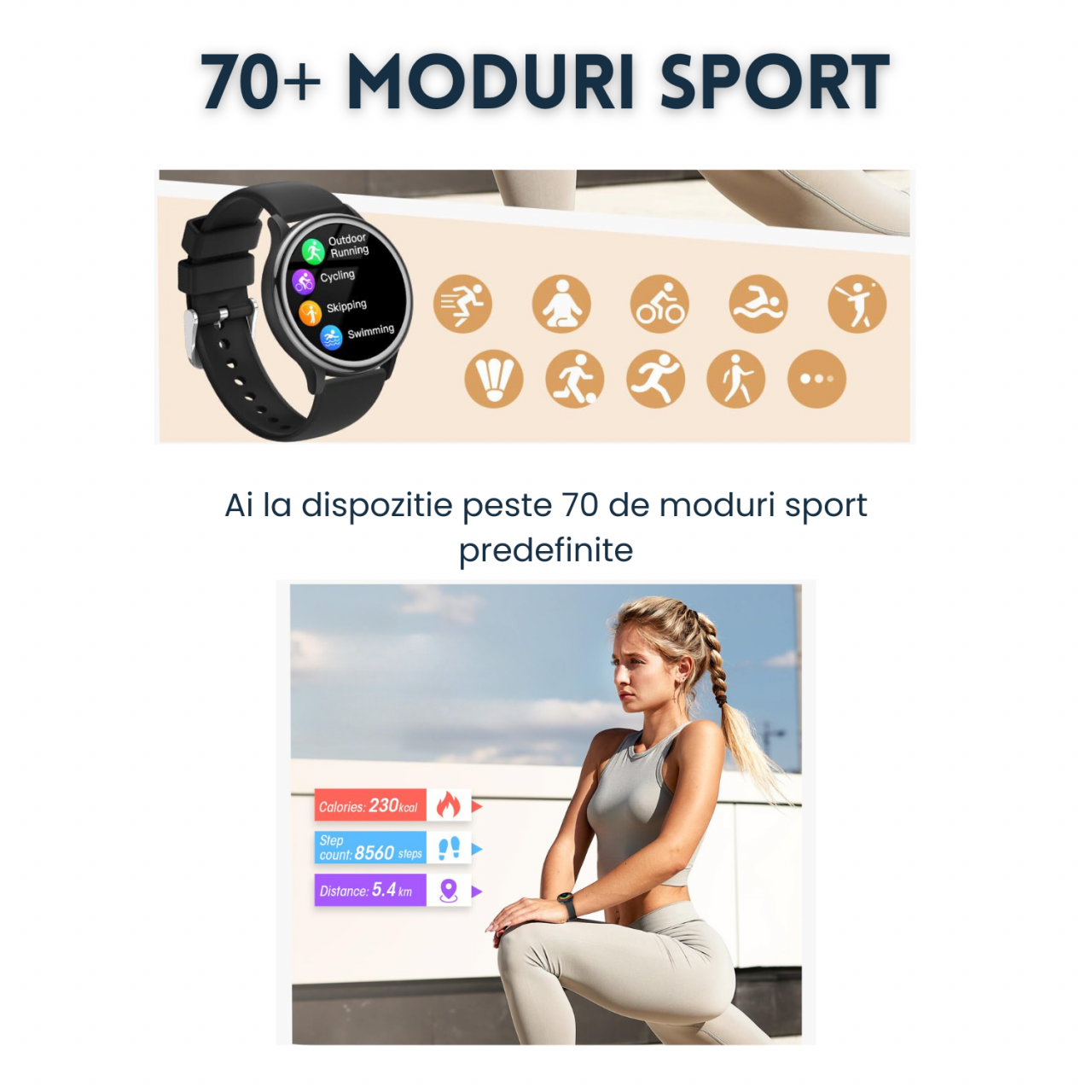 Ceas smartwatch dama Evolve-x® EvoWatch3, Apeluri si Notificari bluetooth, Monitorizare sanatate si Functii fitness [7]