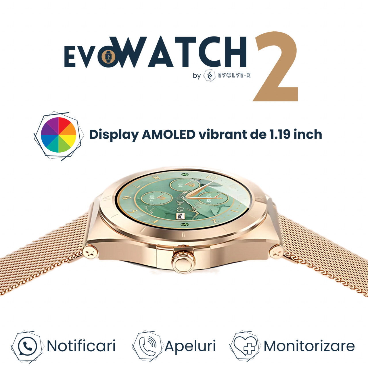 Ceas smartwatch dama Evolve-x® EvoWatch2, cu Apeluri si mesaje bluetooth, Monitorizare sanatate si moduri sport [3]
