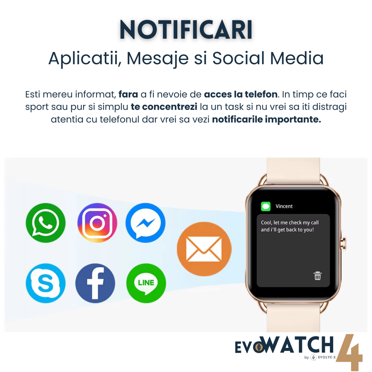 RESIGILAT: Ceas smartwatch dama Evolve-x® EvoWatch4, Apeluri si Notificari bluetooth, Monitorizare sanatate si Functii fitness [11]
