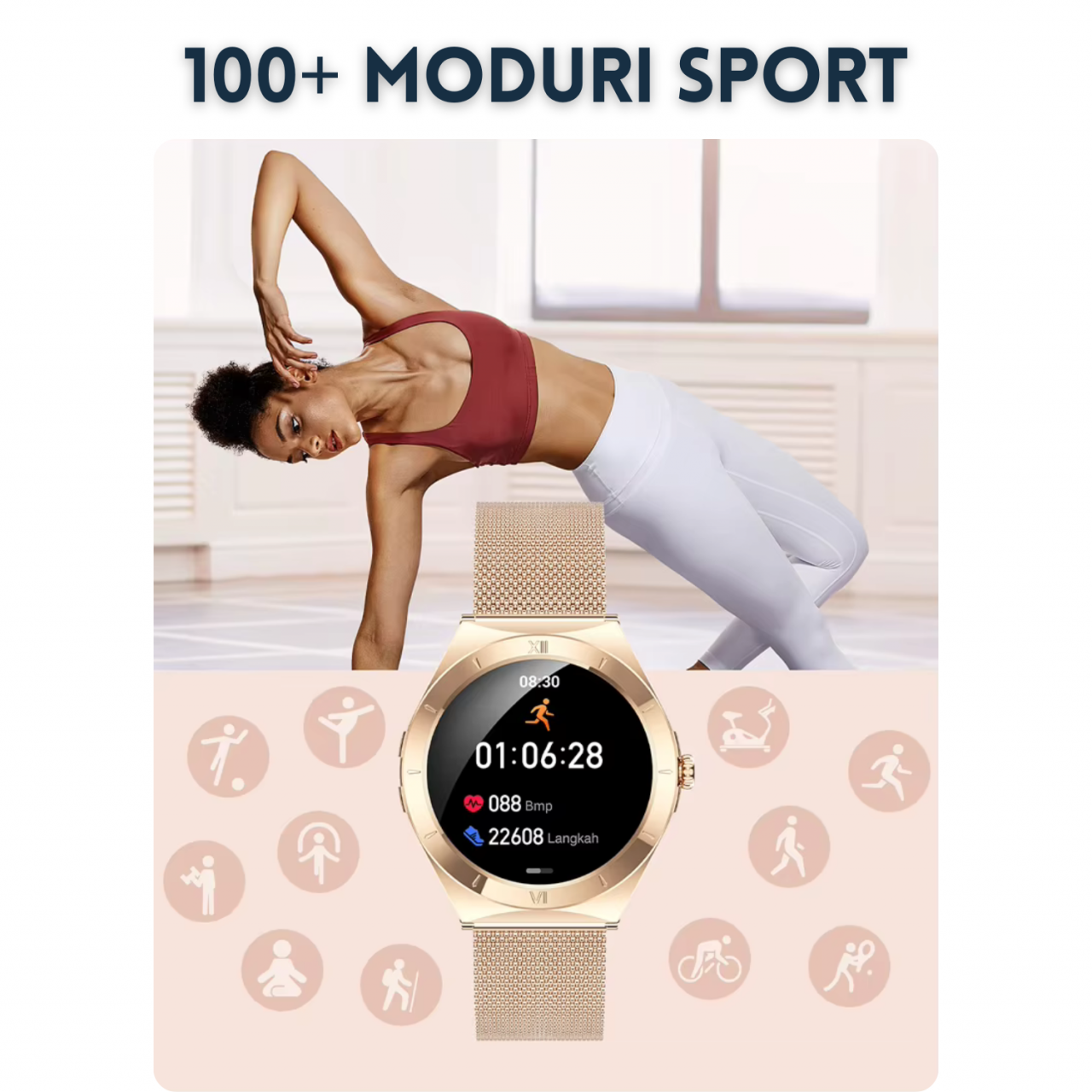 Ceas smartwatch dama Evolve-x® EvoWatch2, cu Apeluri si mesaje bluetooth, Monitorizare sanatate si moduri sport, argintiu [9]