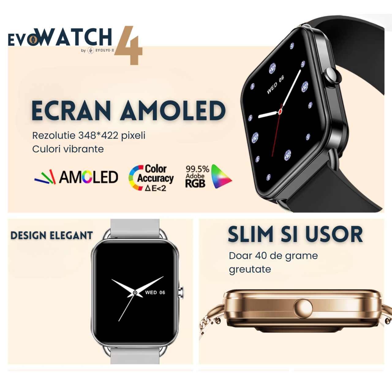 RESIGILAT: Ceas smartwatch dama Evolve-x® EvoWatch4, Apeluri si Notificari bluetooth, Monitorizare sanatate si Functii fitness [9]