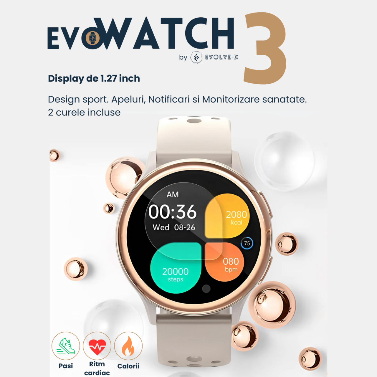 Ceas smartwatch dama Evolve-x® EvoWatch3, Apeluri si Notificari bluetooth, Monitorizare sanatate si Functii fitness [5]