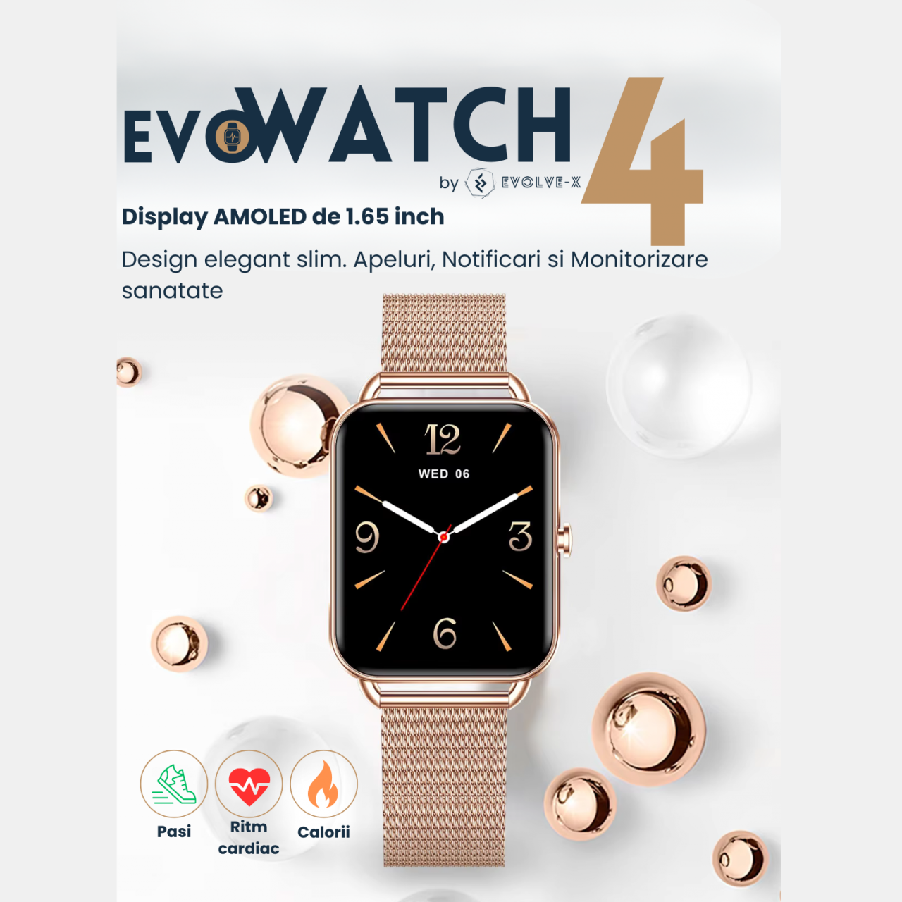 Ceas smartwatch dama Evolve-x® EvoWatch4, Apeluri si Notificari bluetooth, Monitorizare sanatate si Functii fitness [9]