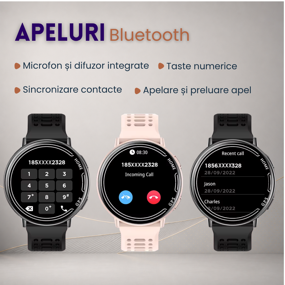 Ceas smartwatch dama, fitness, sport, meniu in limba romana, functie apel Bluetooth, notificari, ecran 1.39", monitorizare puls, tensiune, oxigen si somn, 2 bratari incluse, compatibil iOS si Android [9]