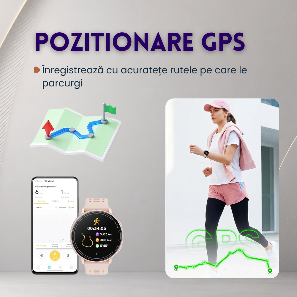 Ceas smartwatch dama, fitness, sport, meniu in limba romana, functie apel Bluetooth, notificari, ecran 1.39", monitorizare puls, tensiune, oxigen si somn, 2 bratari incluse, compatibil iOS si Android [20]