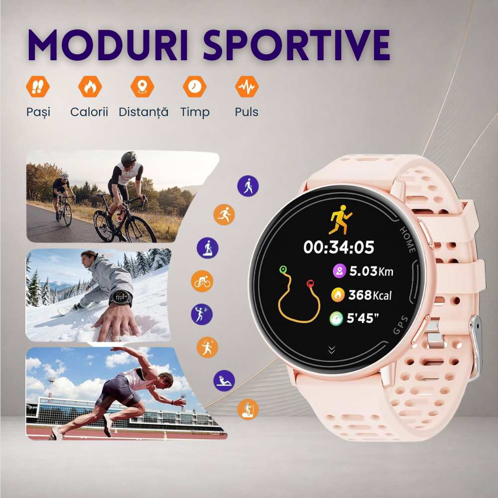 Ceas smartwatch dama, fitness, sport, meniu in limba romana, functie apel Bluetooth, notificari, ecran 1.39", monitorizare puls, tensiune, oxigen si somn, 2 bratari incluse, compatibil iOS si Android [12]