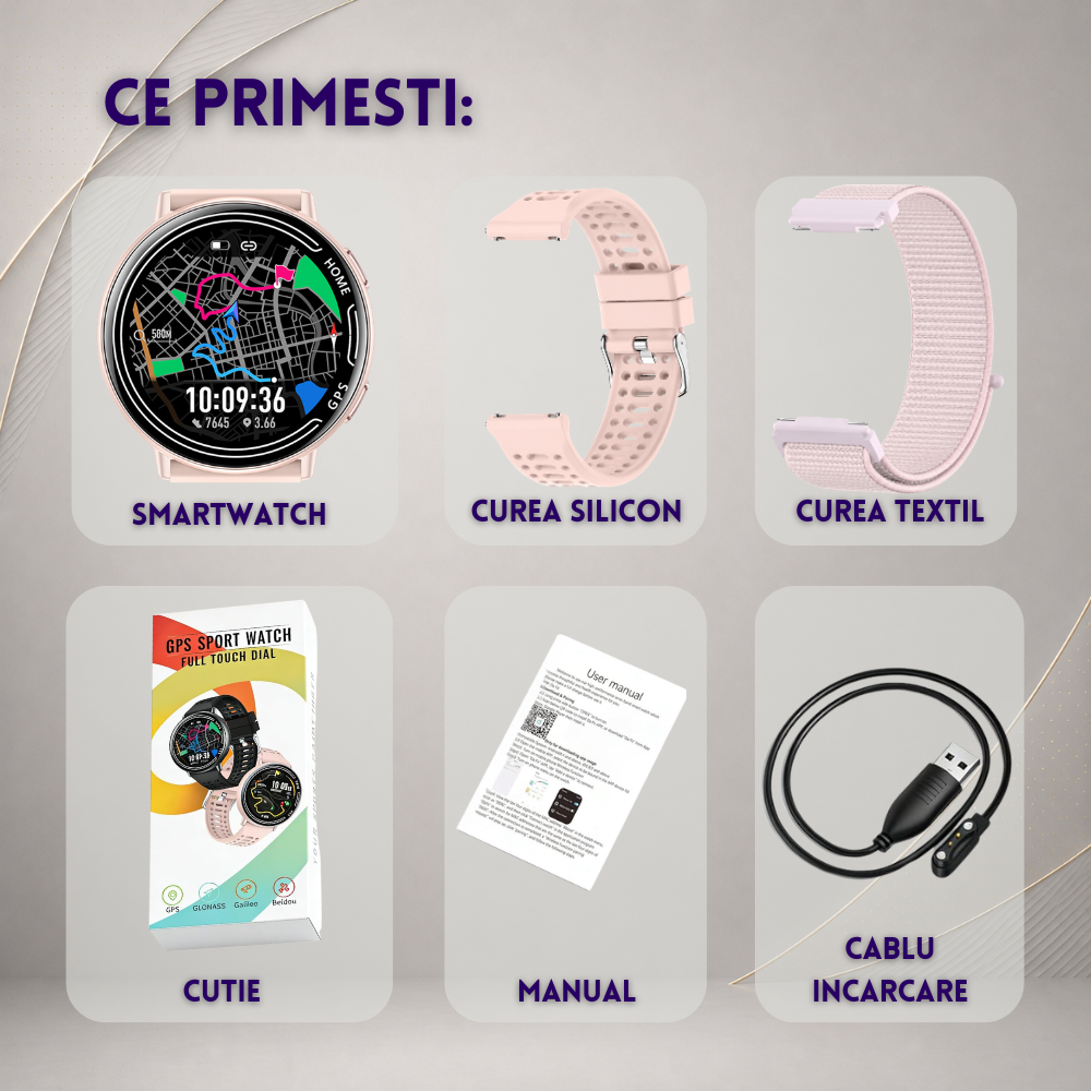 Ceas smartwatch dama, fitness, sport, meniu in limba romana, functie apel Bluetooth, notificari, ecran 1.39", monitorizare puls, tensiune, oxigen si somn, 2 bratari incluse, compatibil iOS si Android [31]