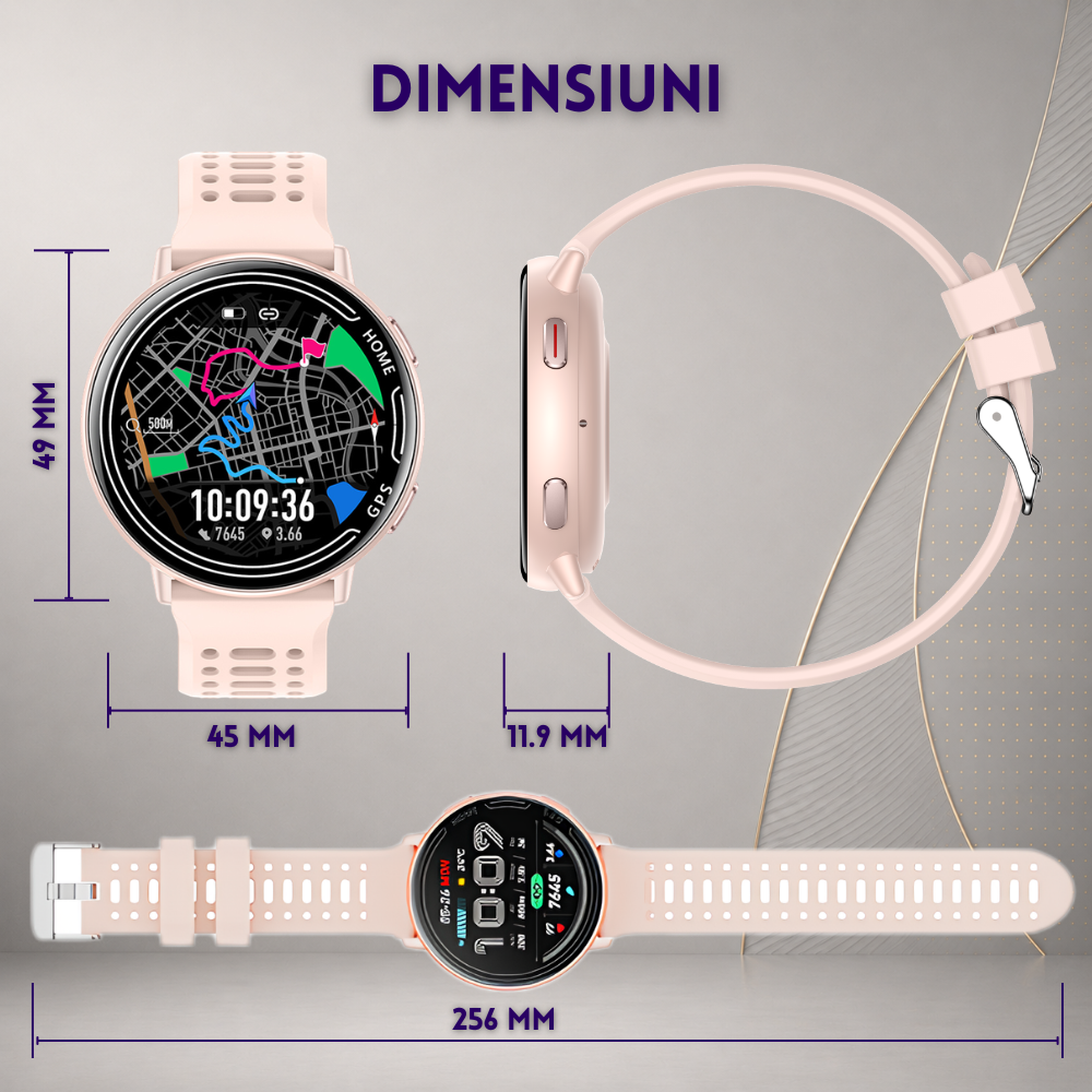 Ceas smartwatch dama, fitness, sport, meniu in limba romana, functie apel Bluetooth, notificari, ecran 1.39", monitorizare puls, tensiune, oxigen si somn, 2 bratari incluse, compatibil iOS si Android [30]