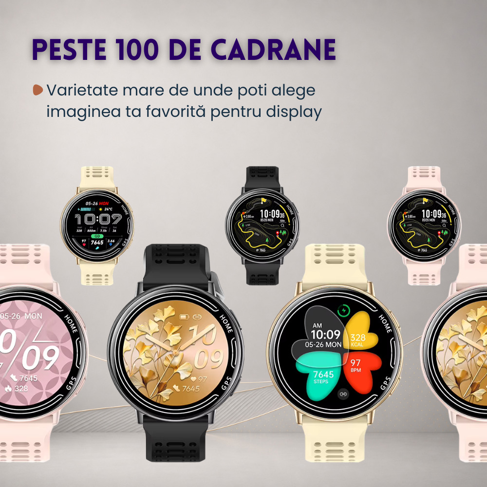 Ceas smartwatch dama, fitness, sport, meniu in limba romana, functie apel Bluetooth, notificari, ecran 1.39", monitorizare puls, tensiune, oxigen si somn, 2 bratari incluse, compatibil iOS si Android [22]
