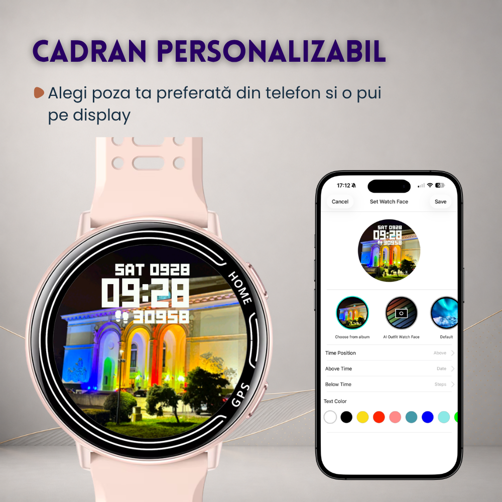 Ceas smartwatch dama, fitness, sport, meniu in limba romana, functie apel Bluetooth, notificari, ecran 1.39", monitorizare puls, tensiune, oxigen si somn, 2 bratari incluse, compatibil iOS si Android [23]