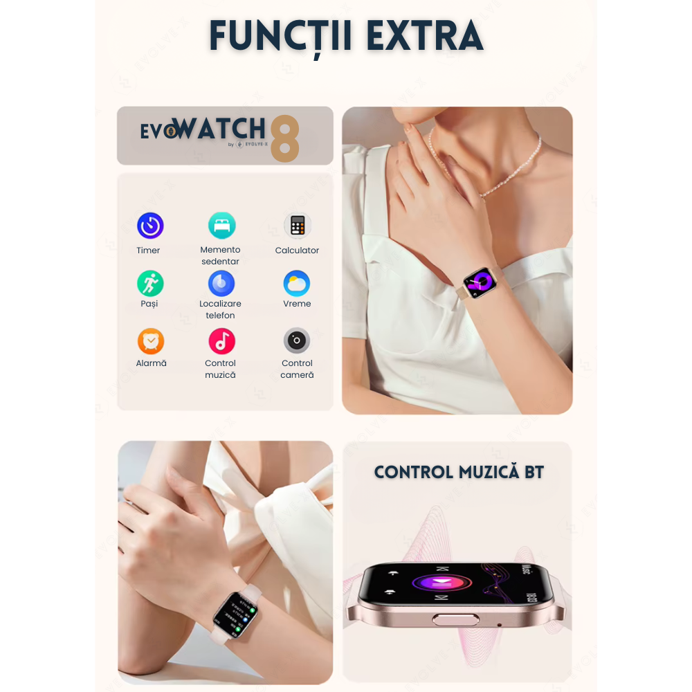 Ceas smartwatch dama Evolve-x® EvoWatch 8 auriu, Monitorizare sanatate, Apeluri si notificari Bluetooth, Functii fitness, auriu [16]