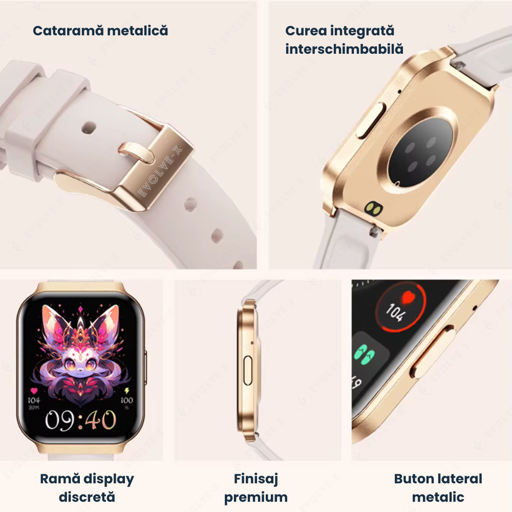 Ceas smartwatch dama Evolve-x® EvoWatch 8 auriu, Monitorizare sanatate, Apeluri si notificari Bluetooth, Functii fitness, auriu [8]