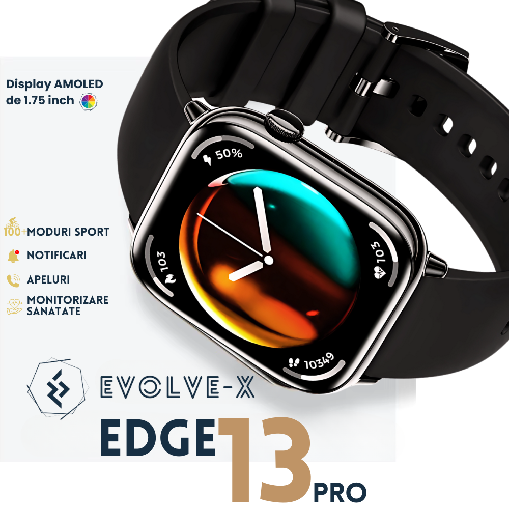 Ceas Smartwatch Evolve-x® Edge 13 Pro, Functii fitness, Display AMOLED 1.75 inch, Monitorizare Puls si Tensiune Arteriala, Oximetru SpO2, Notificari Apeluri/Social Media, Apeluri si mesaje bluetooth, [6]
