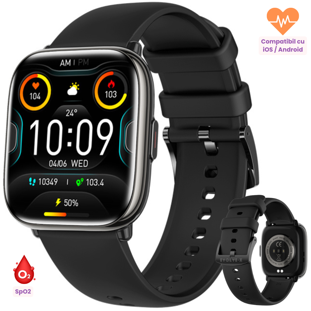 Ceas Smartwatch Evolve-x® Edge, Functii fitness, Display AMOLED 1.75 inch, Monitorizare Puls si Tensiune Arteriala, Oximetru SpO2, Notificari Ceas Smartwatch Evolve-x® Edge, Functii fitness, Display AMOLED 1.75 inch, Monitorizare Puls si Tensiune Arteriala, Oximetru SpO2, Notificari