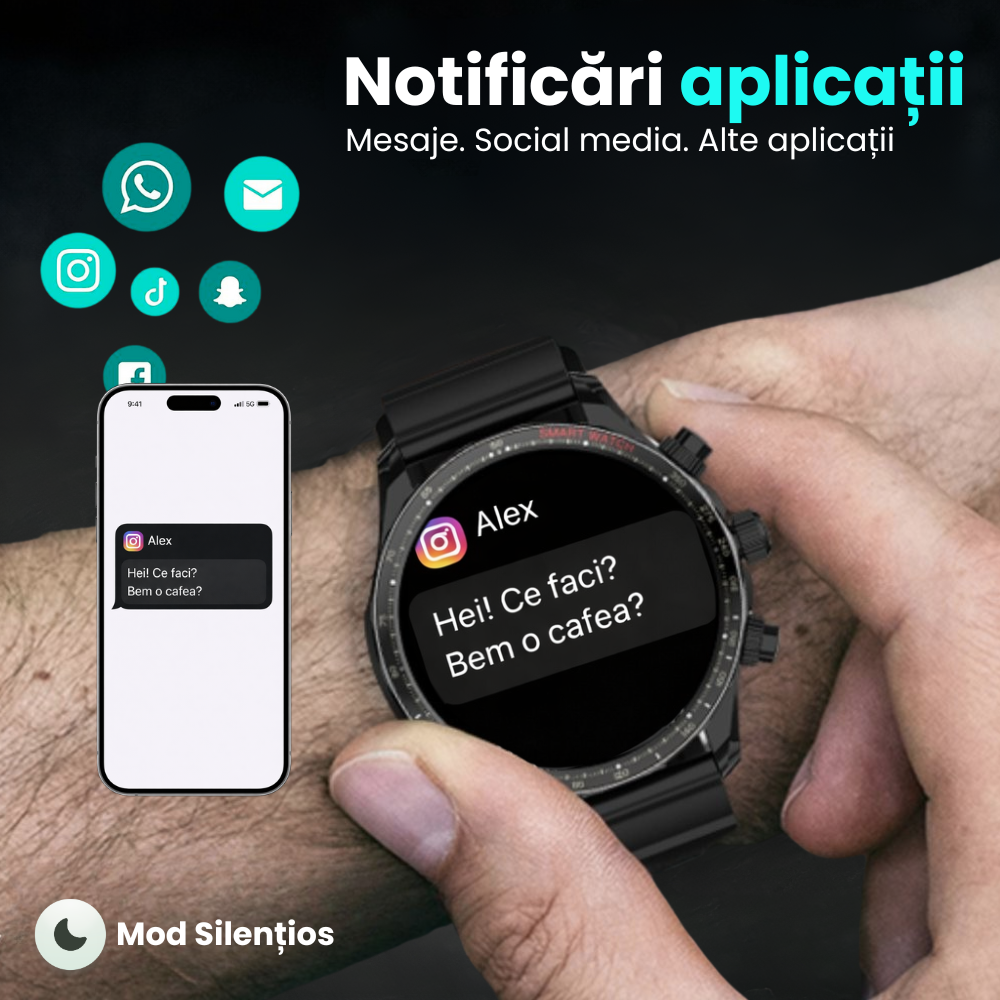 Ceas smartwatch EvoFitt KM68, ecran AMOLED, Apeluri si mesaje bluetooth, Functii monitorizare Ritm cardiac, Somn, Nivel oxigen, Tensiune si Calorii, Asistent vocal, IP68, compatibil iOS si Android [6]