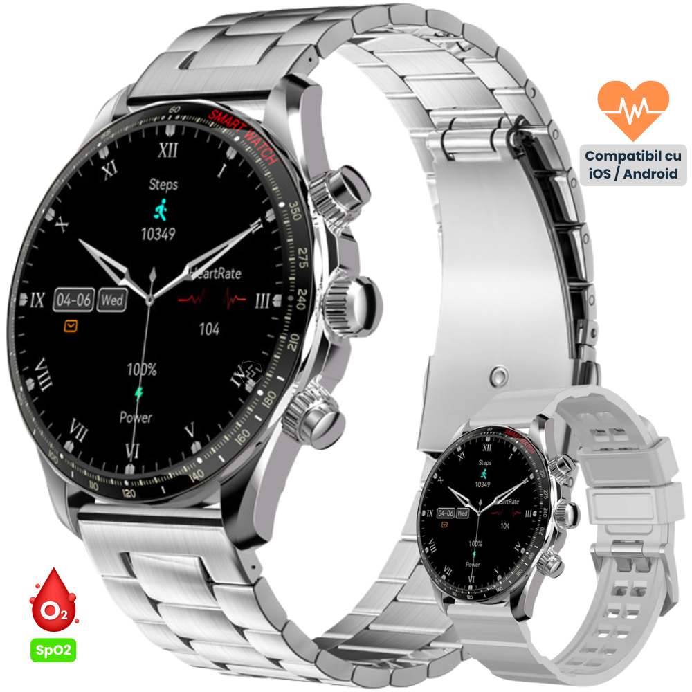 Ceas smartwatch Evolve-x® EvoFitt KM68, ecran AMOLED, Apeluri si mesaje bluetooth, Functii monitorizare Ritm cardiac, Somn, Nivel oxigen, Tensiune si Calorii, Asistent vocal, IP68, compatibil iOS si A [2]