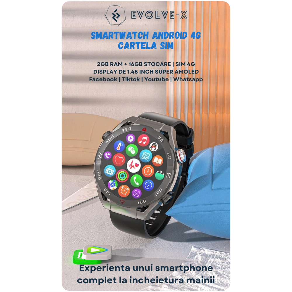 Ceas smartwatch Evolve-x® VP600, cu cartela SIM, GPS, sistem de operare Android, Camera foto, Apel Video, Aplicatii sociale TikTok, Facebook, Whatsapp, Youtube, Senzori oxigen, ritm cardiac, Moduri fi [4]