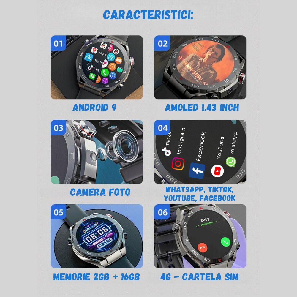 Ceas smartwatch Evolve-x® VP600, cu cartela SIM, GPS, sistem de operare Android, Camera foto, Apel Video, Aplicatii sociale TikTok, Facebook, Whatsapp, Youtube, Senzori oxigen, ritm cardiac, Moduri fi [5]