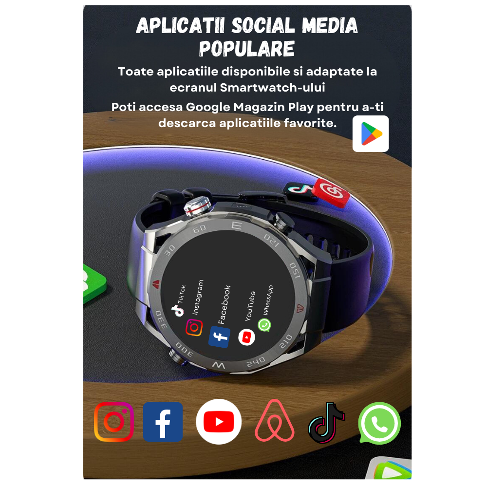 Ceas smartwatch Evolve-x® VP600, cu cartela SIM, GPS, sistem de operare Android, Camera foto, Apel Video, Aplicatii sociale TikTok, Facebook, Whatsapp, Youtube, Senzori oxigen, ritm cardiac, Moduri fi [9]
