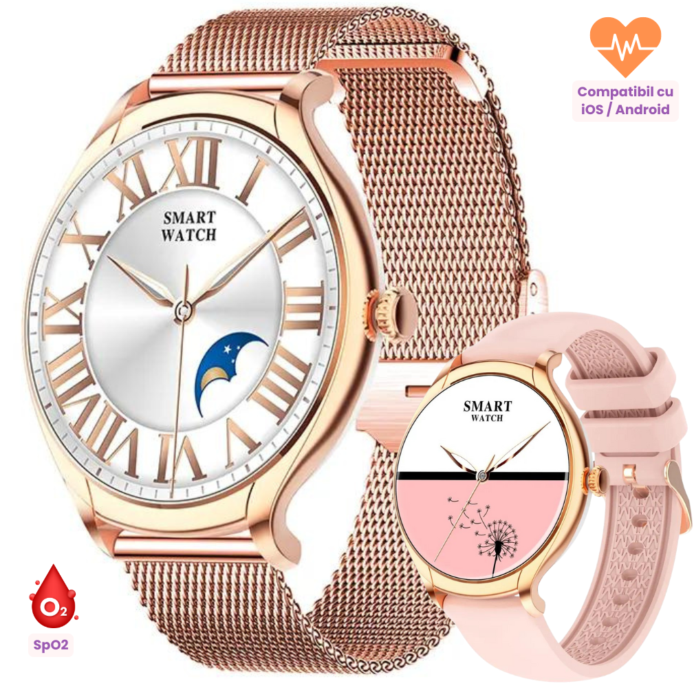 Ceas Smartwatch EvoWatch2 Slim, Functii fitness, Monitorizare Ritm Cardiac, Oximetru SpO2, Calorii, Notificari, Apeluri, 2 bratari incluse [2]