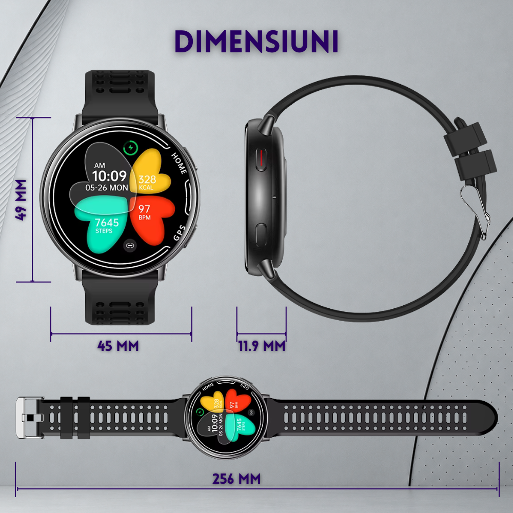 Ceas smartwatch, unisex, fitness, sport, meniu in limba romana, functie apel Bluetooth, notificari, ecran 1.39", monitorizare puls, tensiune, oxigen si somn, 2 bratari incluse, compatibil iOS si Andro [30]