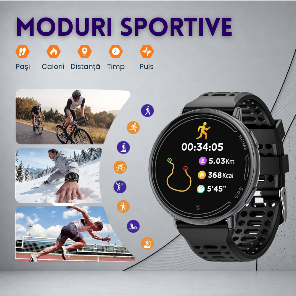Ceas smartwatch, unisex, fitness, sport, meniu in limba romana, functie apel Bluetooth, notificari, ecran 1.39", monitorizare puls, tensiune, oxigen si somn, 2 bratari incluse, compatibil iOS si Andro [12]