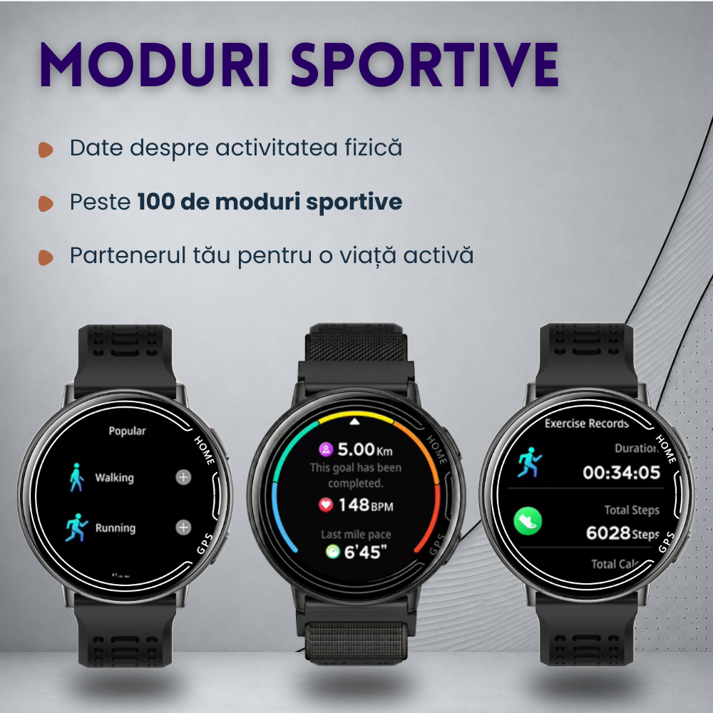 Ceas smartwatch, unisex, fitness, sport, meniu in limba romana, functie apel Bluetooth, notificari, ecran 1.39", monitorizare puls, tensiune, oxigen si somn, 2 bratari incluse, compatibil iOS si Andro [13]
