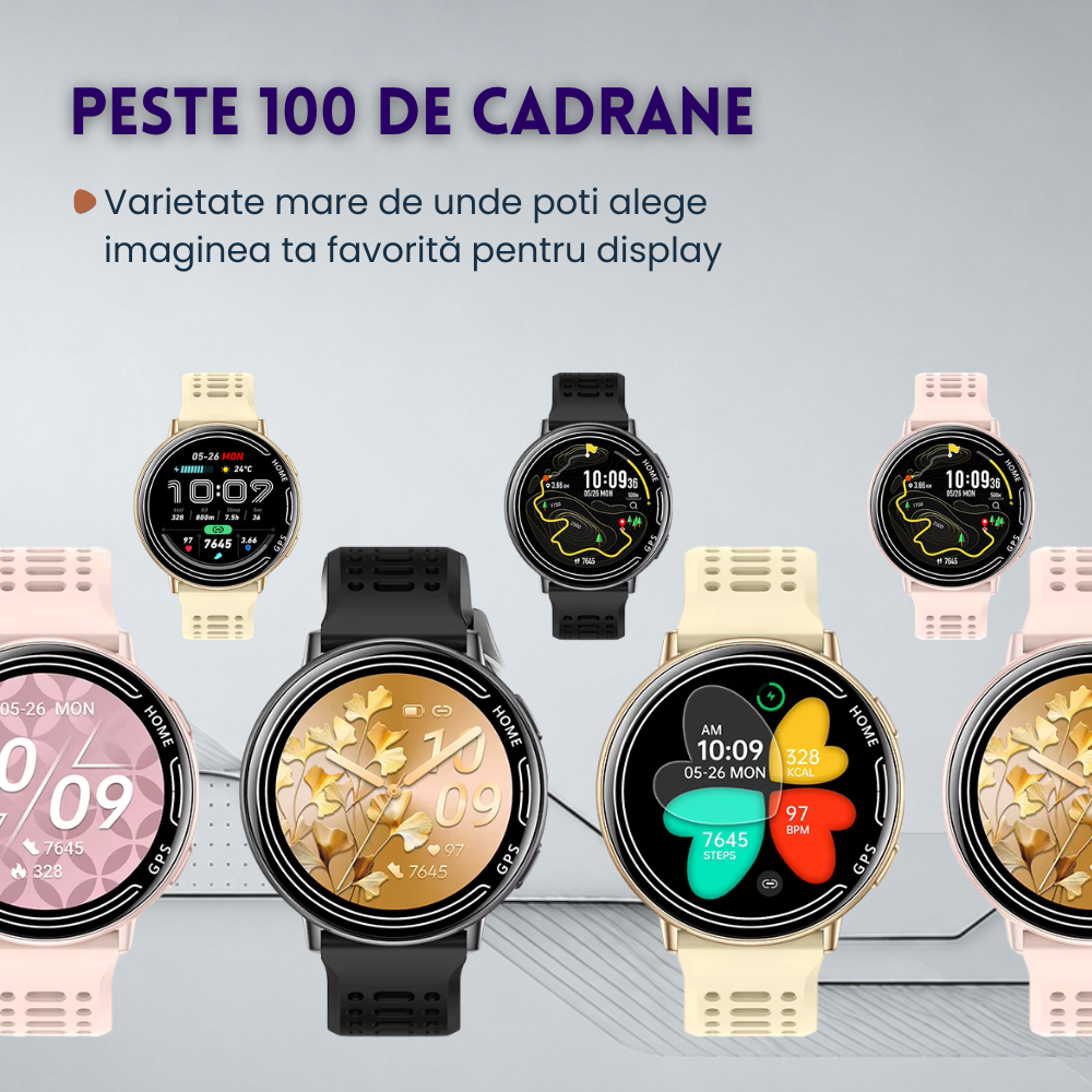 Ceas smartwatch, unisex, fitness, sport, meniu in limba romana, functie apel Bluetooth, notificari, ecran 1.39", monitorizare puls, tensiune, oxigen si somn, 2 bratari incluse, compatibil iOS si Andro [22]