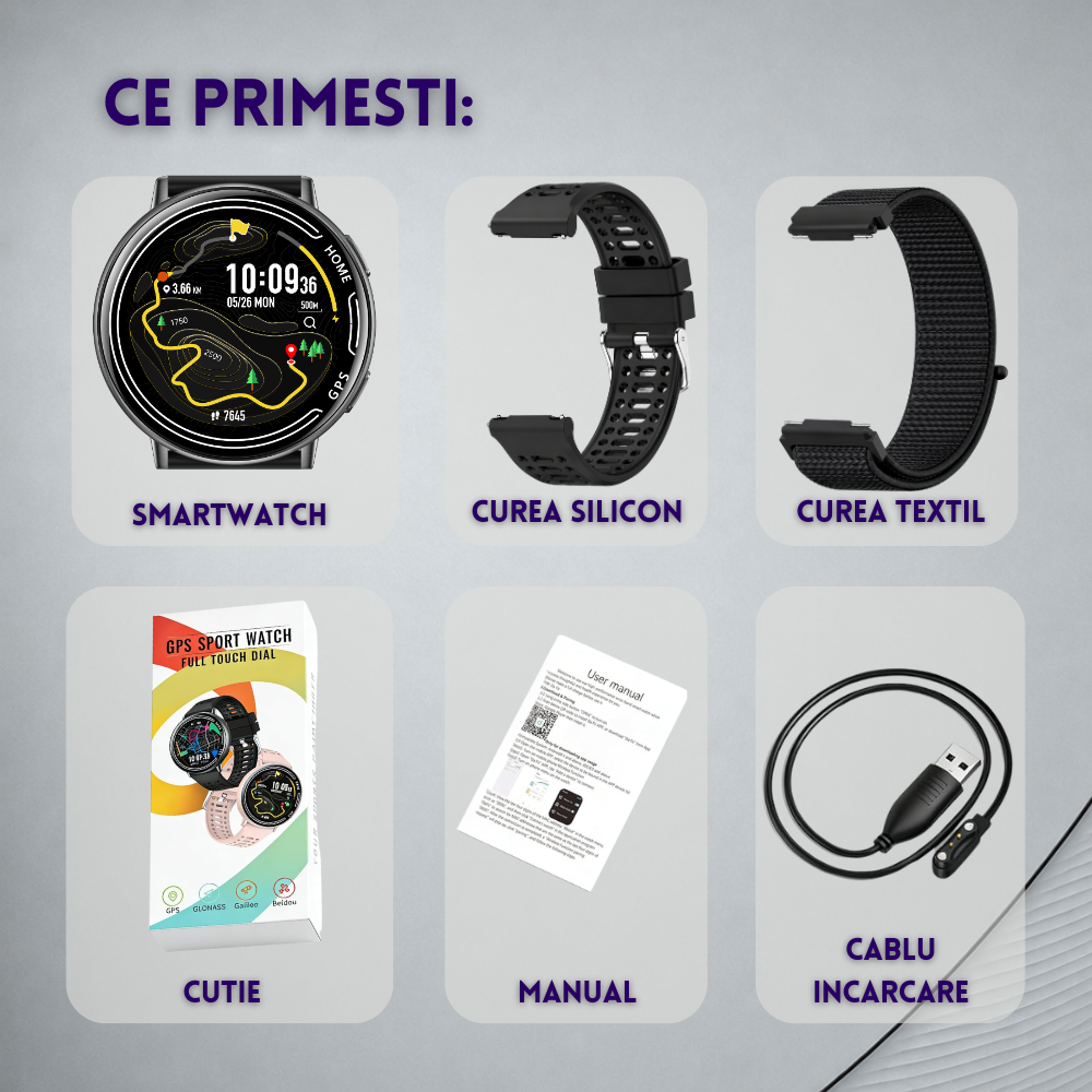 Ceas smartwatch, unisex, fitness, sport, meniu in limba romana, functie apel Bluetooth, notificari, ecran 1.39", monitorizare puls, tensiune, oxigen si somn, 2 bratari incluse, compatibil iOS si Andro [31]