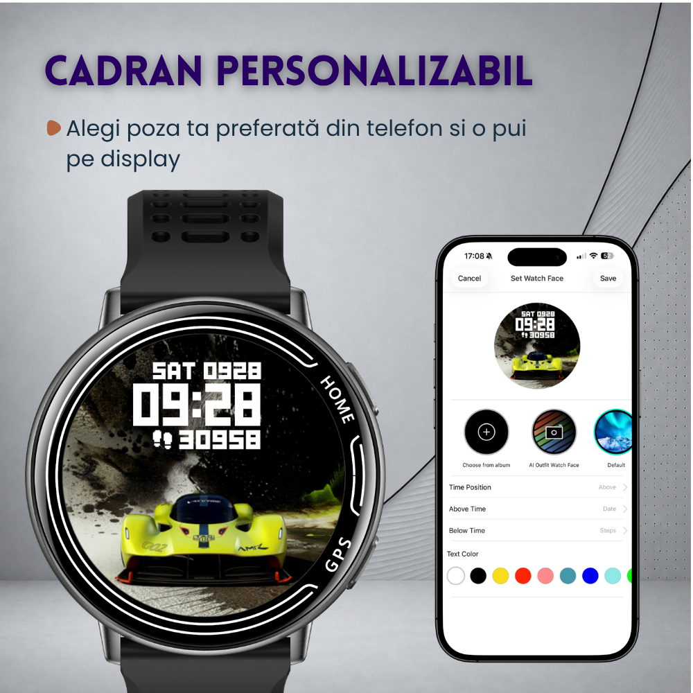 Ceas smartwatch, unisex, fitness, sport, meniu in limba romana, functie apel Bluetooth, notificari, ecran 1.39", monitorizare puls, tensiune, oxigen si somn, 2 bratari incluse, compatibil iOS si Andro [23]