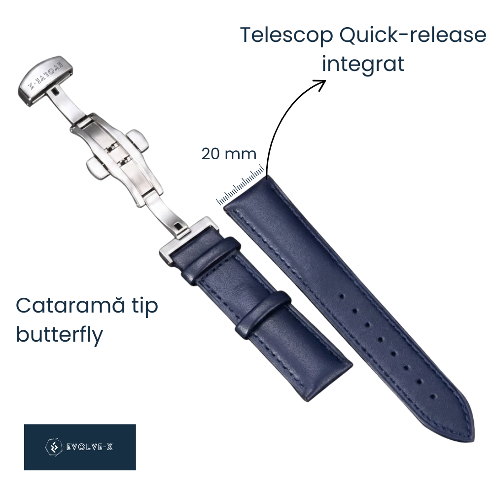 Curea smartwatch din piele Evolve-x®, 20mm, sistem Quick release, catarama metalica tip butterfly [2]