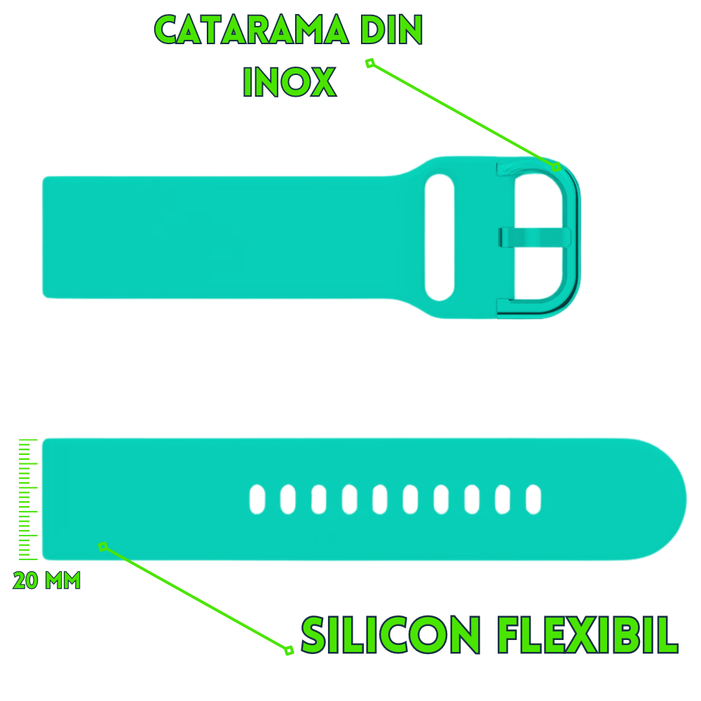 Curea smartwatch din silicon, 20mm, sistem Quick release, verde turcoaz [2]