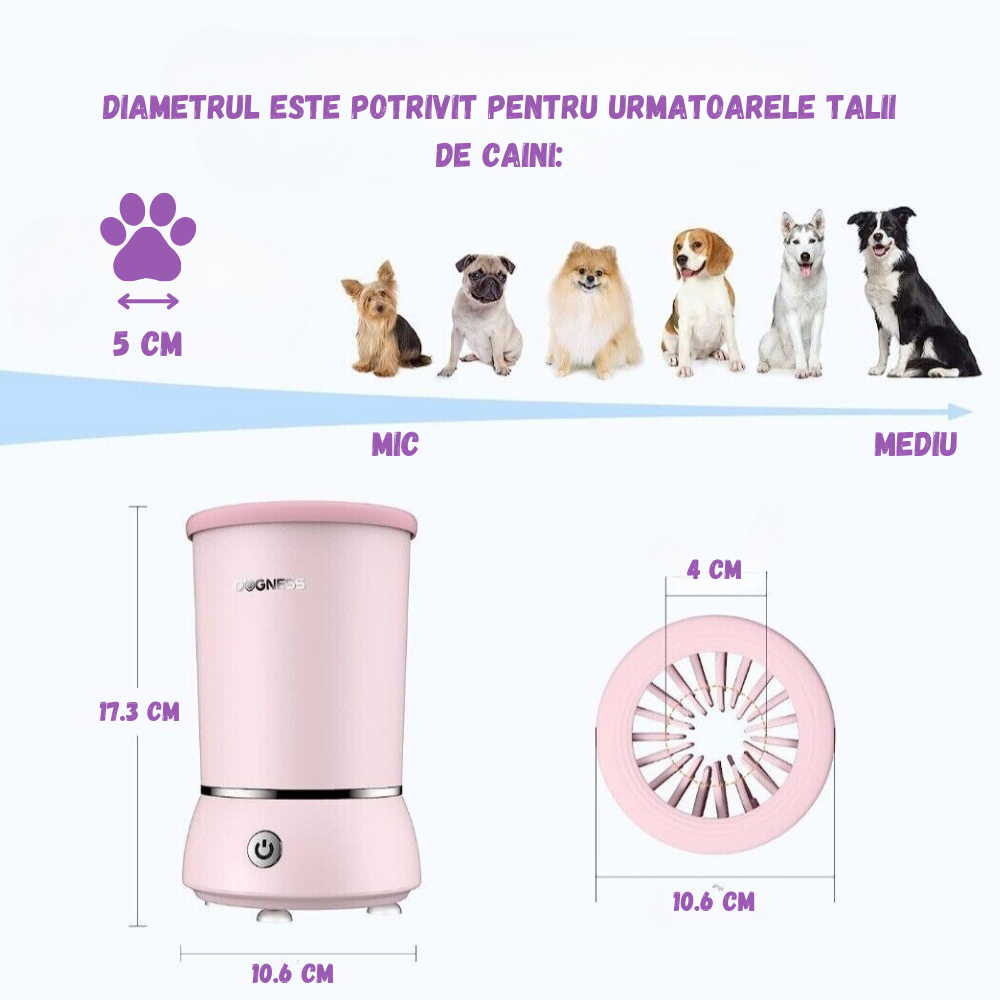Dispozitiv pentru curatare labute animale automat, cu acumulator, peri din silicon soft, capac anti stropire, baza cu ventuze de fixare, incarcare USB, pentru animale de talie mica pana la medie, roz [7]