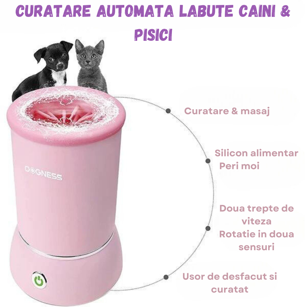 Dispozitiv pentru curatare labute animale automat, cu acumulator, peri din silicon soft, capac anti stropire, baza cu ventuze de fixare, incarcare USB, pentru animale de talie mica pana la medie, roz [3]