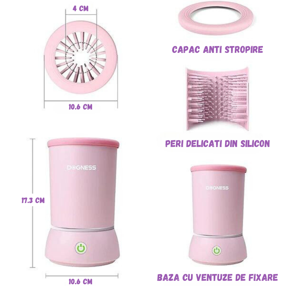 Dispozitiv pentru curatare labute animale automat, cu acumulator, peri din silicon soft, capac anti stropire, baza cu ventuze de fixare, incarcare USB, pentru animale de talie mica pana la medie, roz [5]