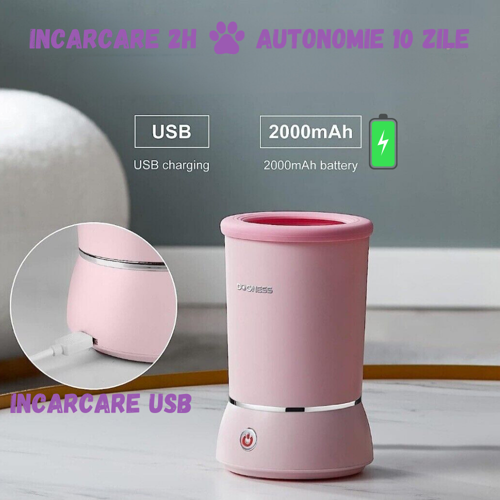 Dispozitiv pentru curatare labute animale automat, cu acumulator, peri din silicon soft, capac anti stropire, baza cu ventuze de fixare, incarcare USB, pentru animale de talie mica pana la medie, roz [4]