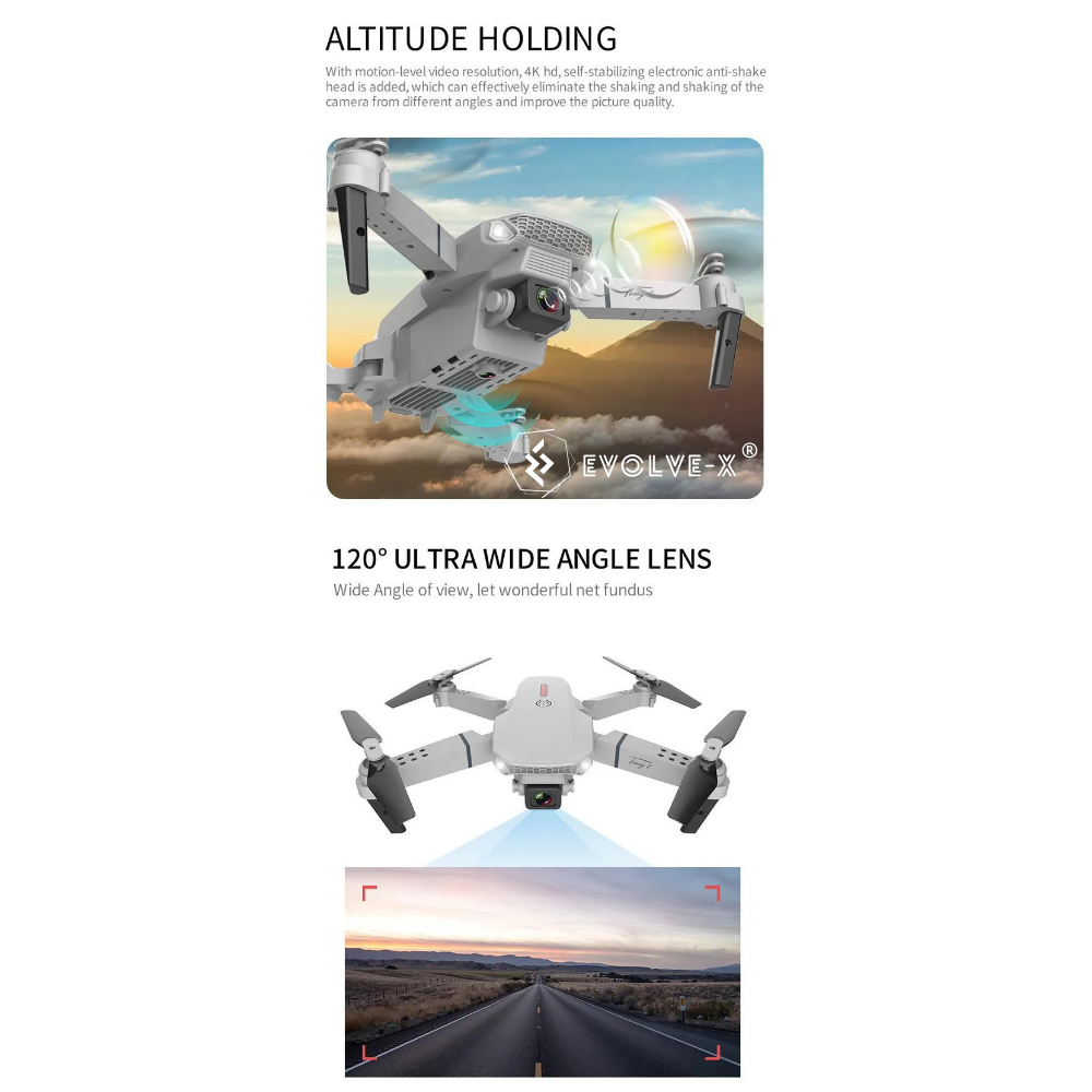 Drona pliabila Evolve-x® E88, Camera duala UHD 4K, Functie mentinere pozitie, Unghi 120°, Rulare 360°, Telecomanda pliabila, Functie foto prin gesturi, Potrivita pentru copii, Aplicatie Android/iOS, W [9]