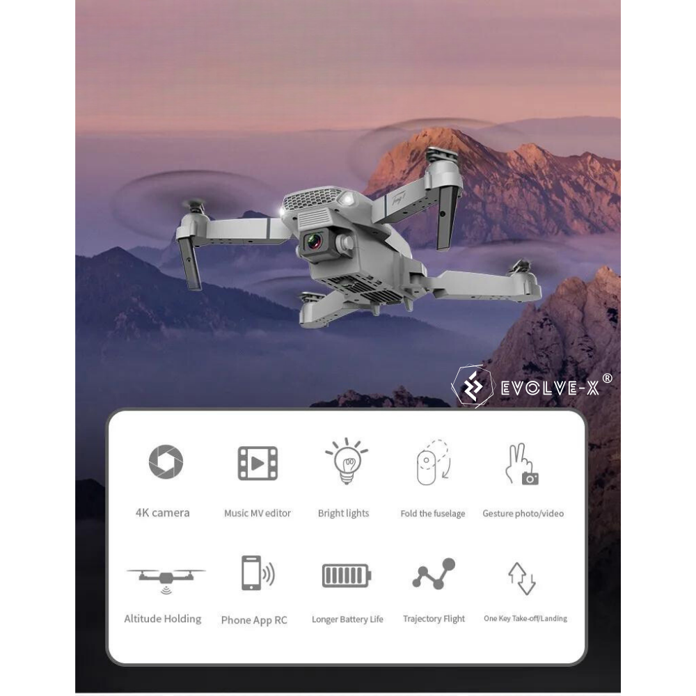 Drona pliabila Evolve-x® E88, Camera duala UHD 4K, Functie mentinere pozitie, Unghi 120°, Rulare 360°, Telecomanda pliabila, Functie foto prin gesturi, Potrivita pentru copii, Aplicatie Android/iOS, W [3]