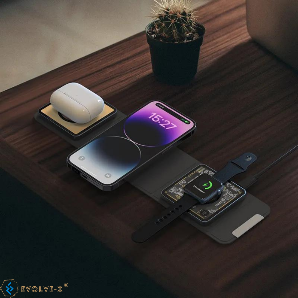 Incarcator Wireless 3 in 1 Pliabil Evolve-x® EvoBoost cu incarcare rapida Magsafe QI Fast Charge 15W, lumina ambientala, compatibil cu Apple Iphone, Samsung, Huawei, Apple Watch, Airpods, Universal, C [10]
