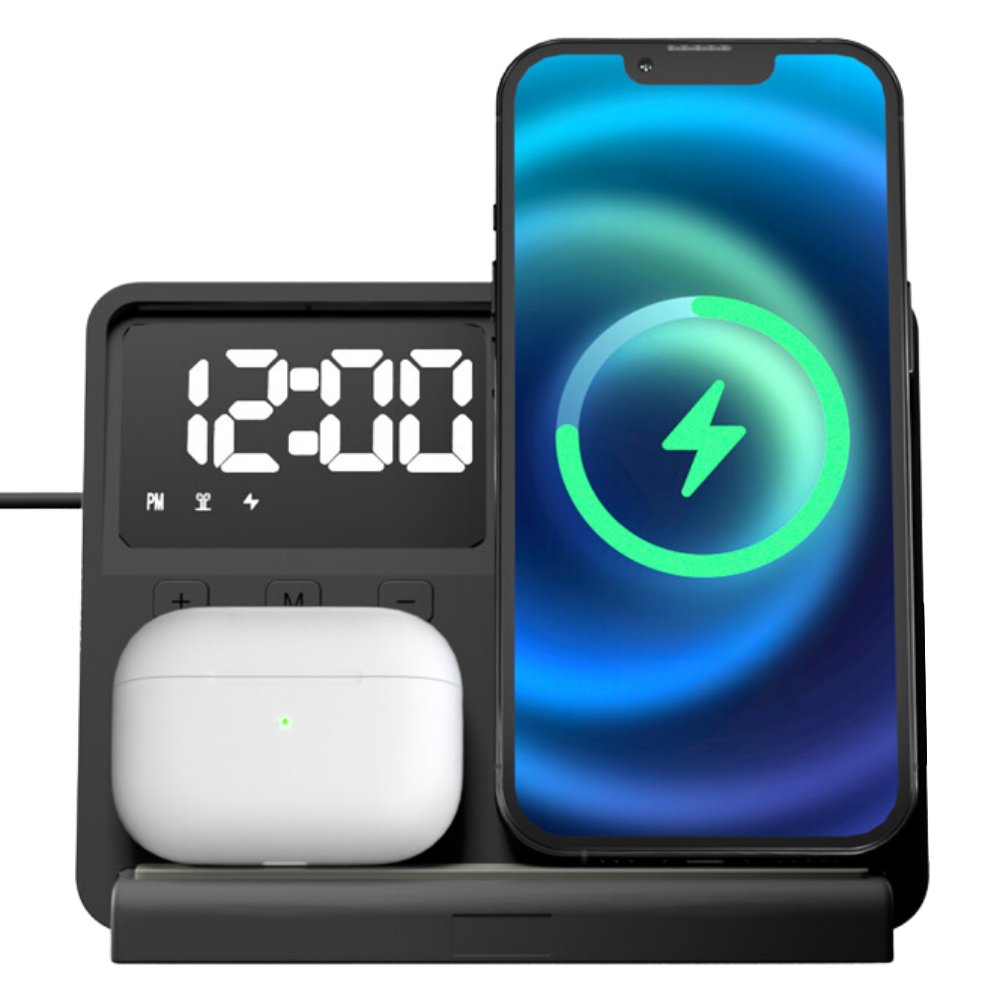 Incarcator Wireless Evolve-x® Statie Incarcare 3 In 1 cu incarcare rapida Qi Fast Charge 15W, Ceas si lumina ambientala, Compatibil Cu casti Apple Airpods, telefoane Iphone, Android, Samsung, Huawei,  [2]