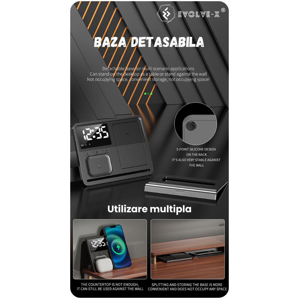 Incarcator Wireless Evolve-x® Statie Incarcare 3 In 1 cu incarcare rapida Qi Fast Charge 15W, Ceas si lumina ambientala, Compatibil Cu casti Apple Airpods, telefoane Iphone, Android, Samsung, Huawei,  [10]