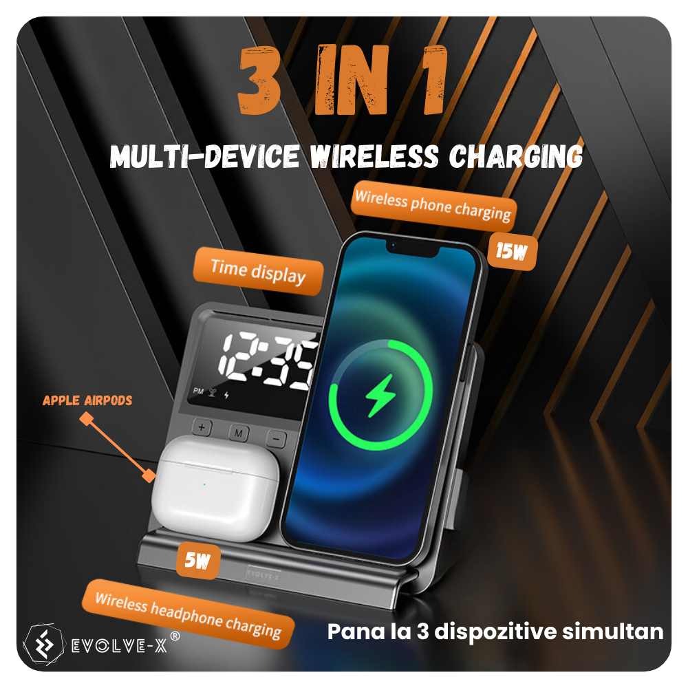 Incarcator Wireless Evolve-x® Statie Incarcare 3 In 1 cu incarcare rapida Qi Fast Charge 15W, Ceas si lumina ambientala, Compatibil Cu casti Apple Airpods, telefoane Iphone, Android, Samsung, Huawei,  [6]