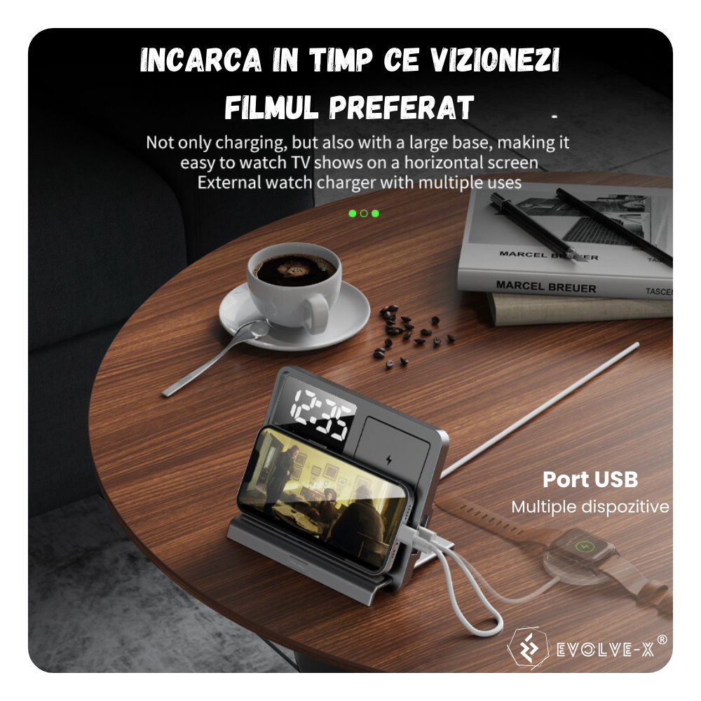 Incarcator Wireless Evolve-x® Statie Incarcare 3 In 1 cu incarcare rapida Qi Fast Charge 15W, Ceas si lumina ambientala, Compatibil Cu casti Apple Airpods, telefoane Iphone, Android, Samsung, Huawei,  [9]