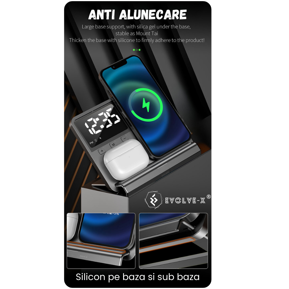 Incarcator Wireless Evolve-x® Statie Incarcare 3 In 1 cu incarcare rapida Qi Fast Charge 15W, Ceas si lumina ambientala, Compatibil Cu casti Apple Airpods, telefoane Iphone, Android, Samsung, Huawei,  [11]