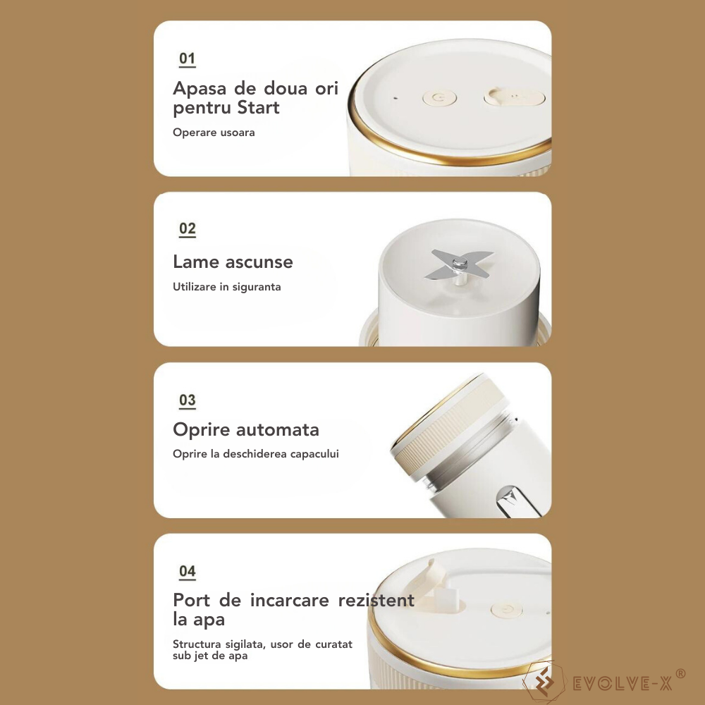 Mini Blender Electric Evolve-x® Ceool pentru Smoothie, Shake sau Fresh, Portabil, Deschidere dubla, Capacitate 400 ml, 4 lame din inox, Acumulator reincarcabil 3000 mAh, Silentios, Maner din piele eco [7]