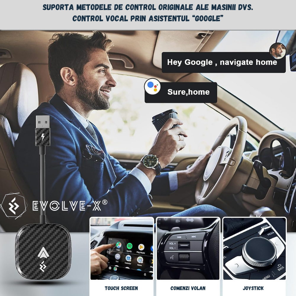 Modul Android Auto wireless Evolve-x®, pentru masini cu Android Auto de fabrica prin cablu, Plug & Play, negru carbon, cu adaptor USB la USB-C inclus [2]