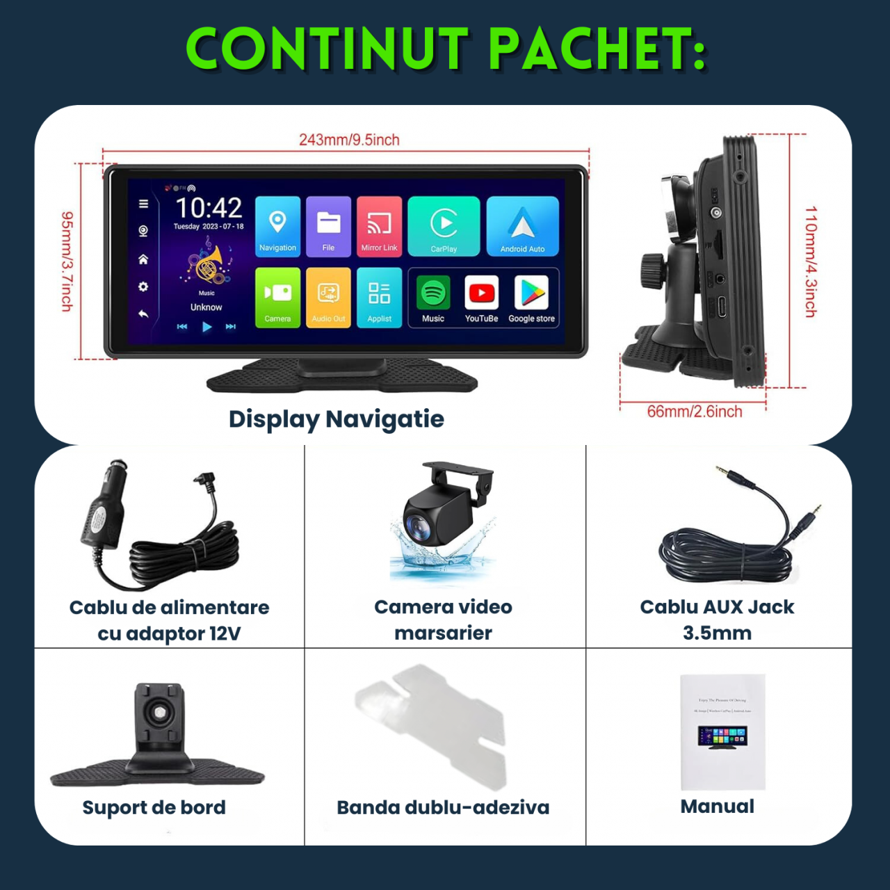 Navigatie Auto EvoCARS Carplay/Android Auto si camera marsarier, cu suport de bord [12]