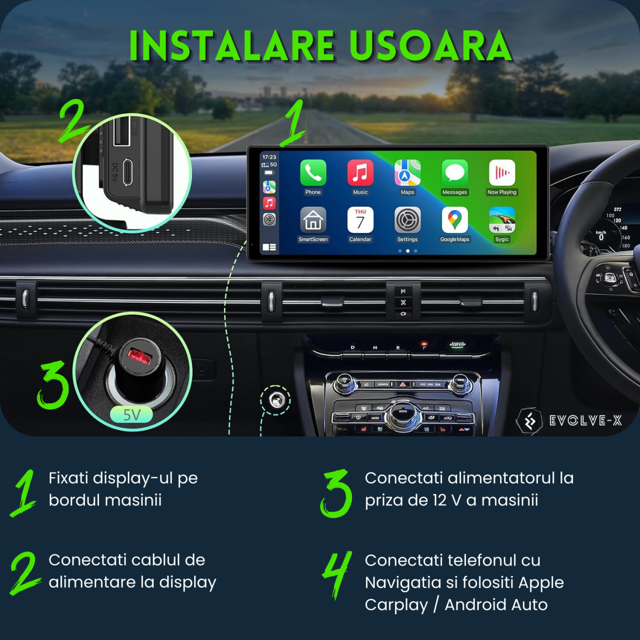 Navigatie Auto EvoCARS Carplay/Android Auto si camera marsarier, cu suport de bord [10]