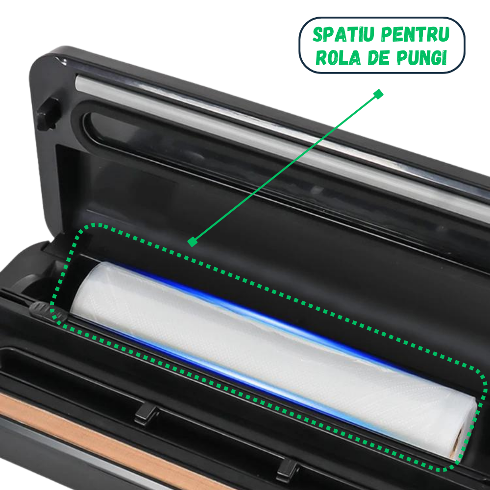 Set Aparat de vidat alimente Evolve-x® EvoFresh, vidare umeda/uscata, sigilare, cutter incorporat, compartiment rola pungi, bara de sigilare de 30 cm, pungi incluse, 130W, Inox [4]